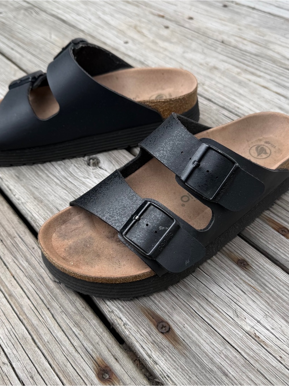 Papillio size 39 Black Platform Two Buckle Slide Sandal GUC Vegan - Picture 3 of 9